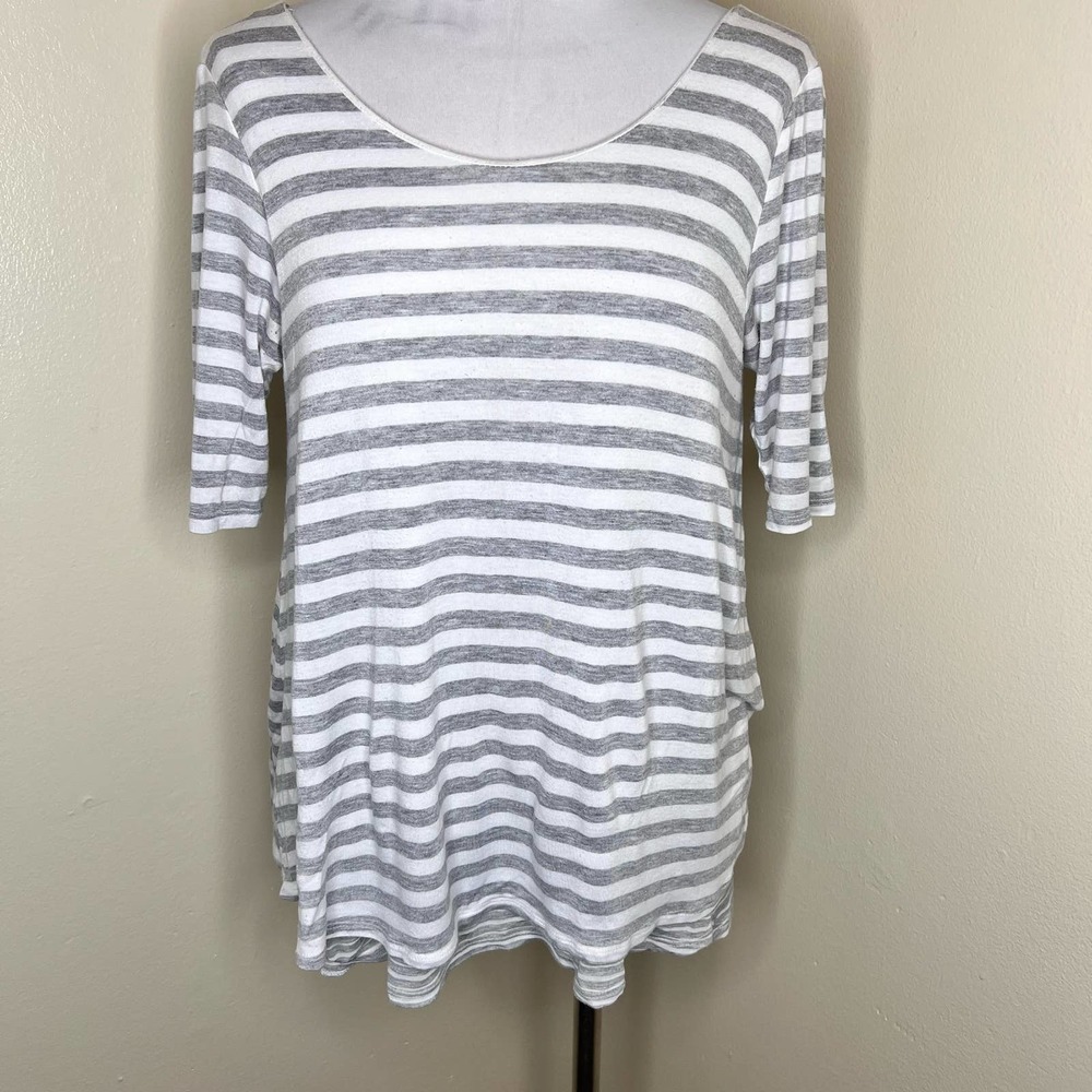 Puella Top MEDIUM Gray White Striped Layered Scoop Neck Jersey Knit V Back Women